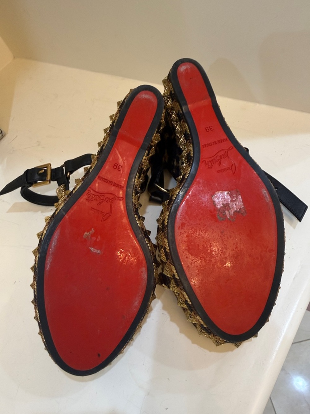 Christian Louboutin Leopard Print Wedge Sandals with Black Straps and Gold Trim - Picture 3 of 3